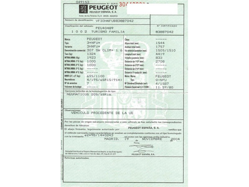 peugeot 307 del año 2004