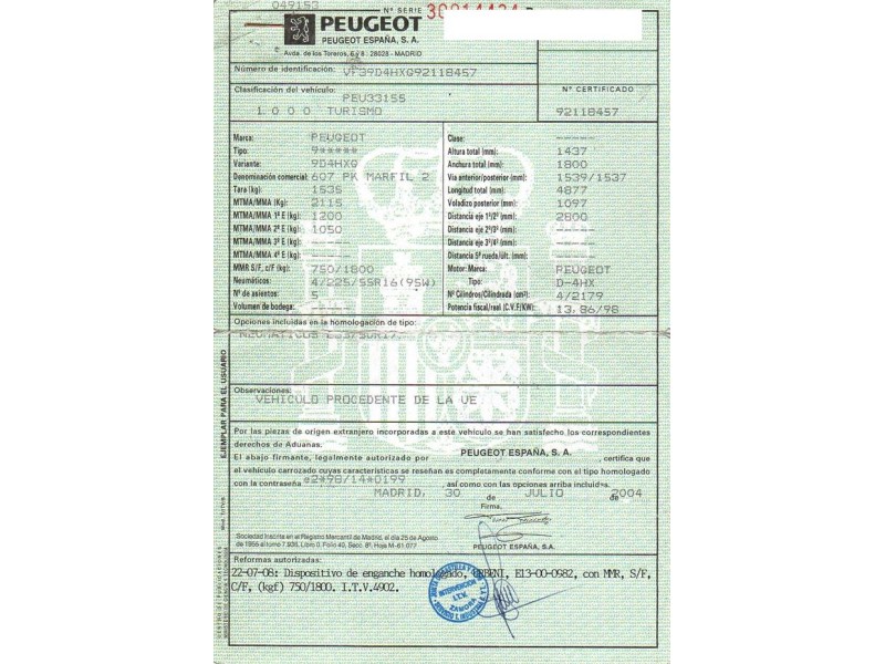 peugeot 607 del año 2004