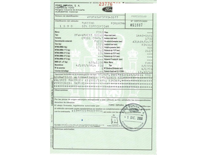 ford focus 1.8 tddi (89,73cv del año 2001