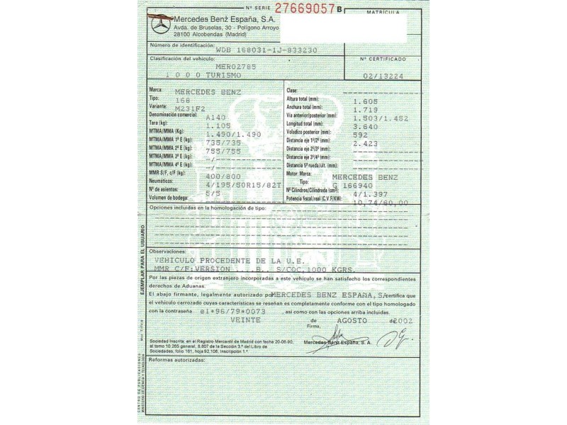 m. benz a 140 del año 2002
