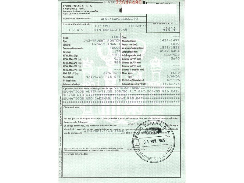 ford focus 1.6 g /hwda (100,61cv del año 2005