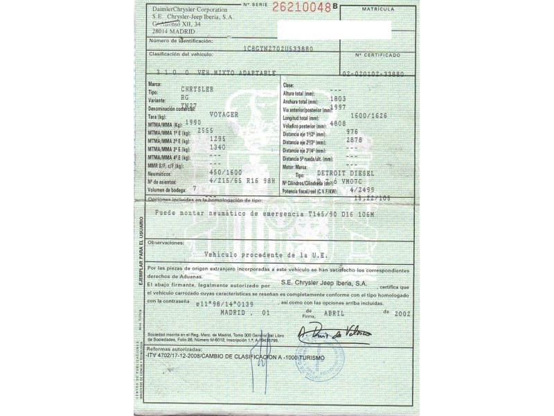 chrysler voyager del año 2002