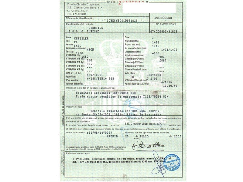 chrysler neon del año 2002