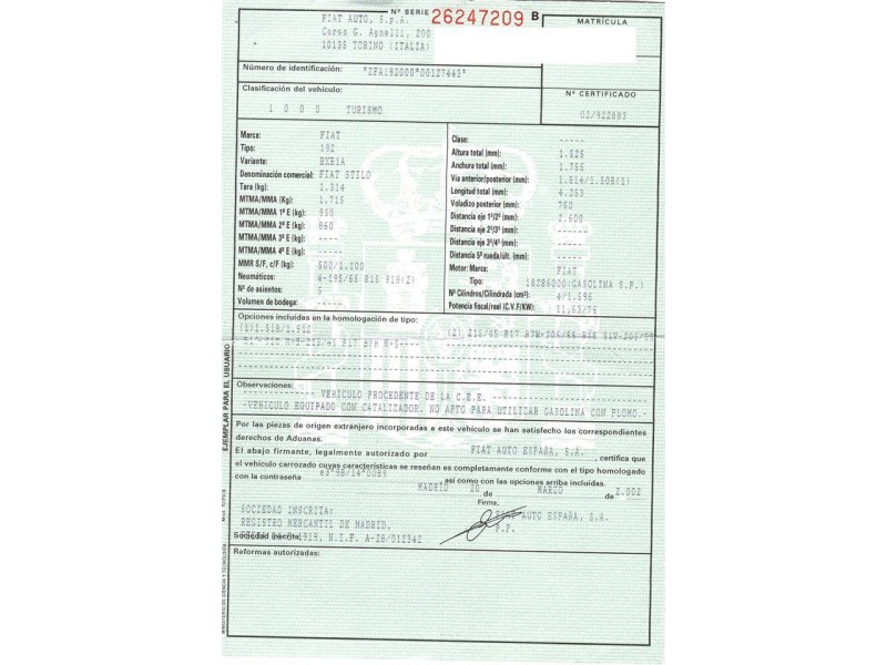 fiat stilo 1.6 g -182b6000 (103,33cv del año 2002