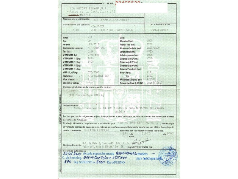 kia carnival 2.9 cdi (144,53cv del año 2003