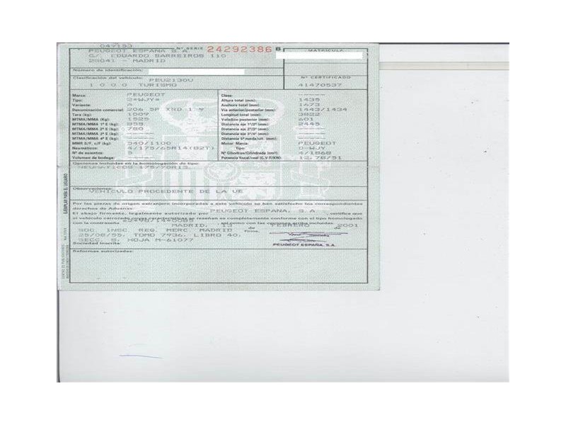 peugeot 206 1.9 d -wjy (69,36cv del año 2001