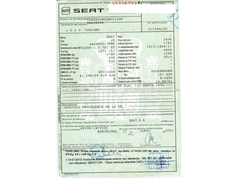 seat toledo del año 2001