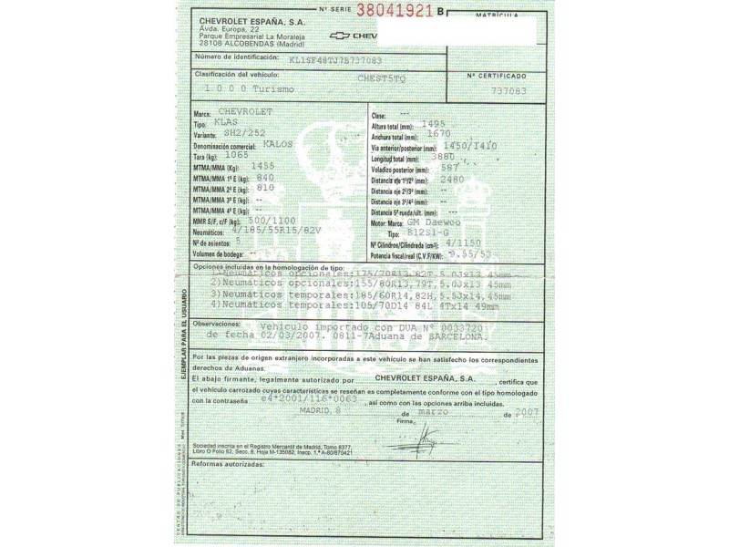 chevrolet kalos 1.2 g (72,06cv del año 2007