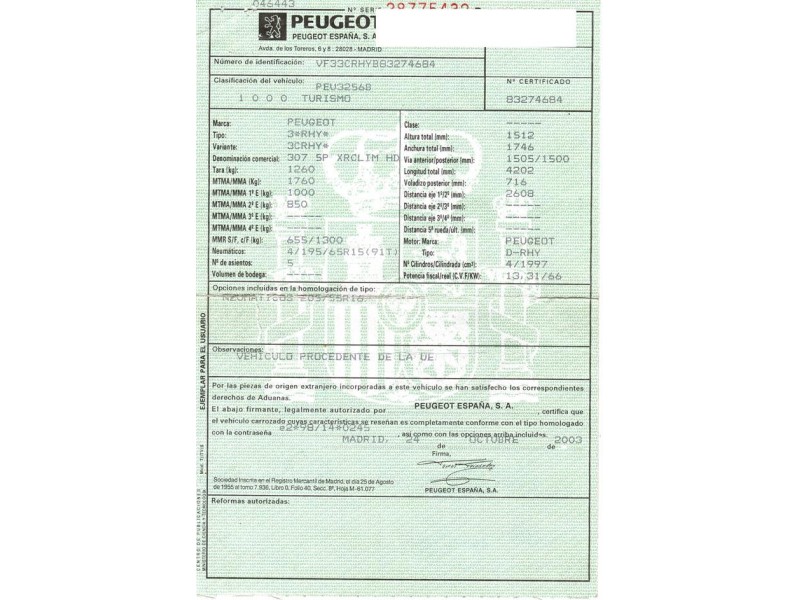 peugeot 307 del año 2003