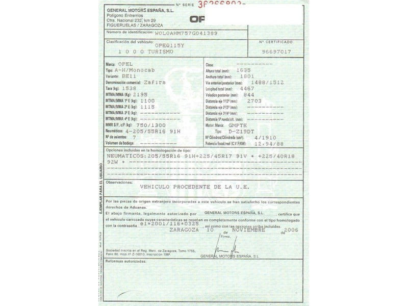 opel zafira 1.9 jtd (119,64cv del año 2006