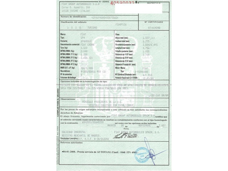 fiat croma 1.9 jtd -939a1000 (119,64cv del año 2007