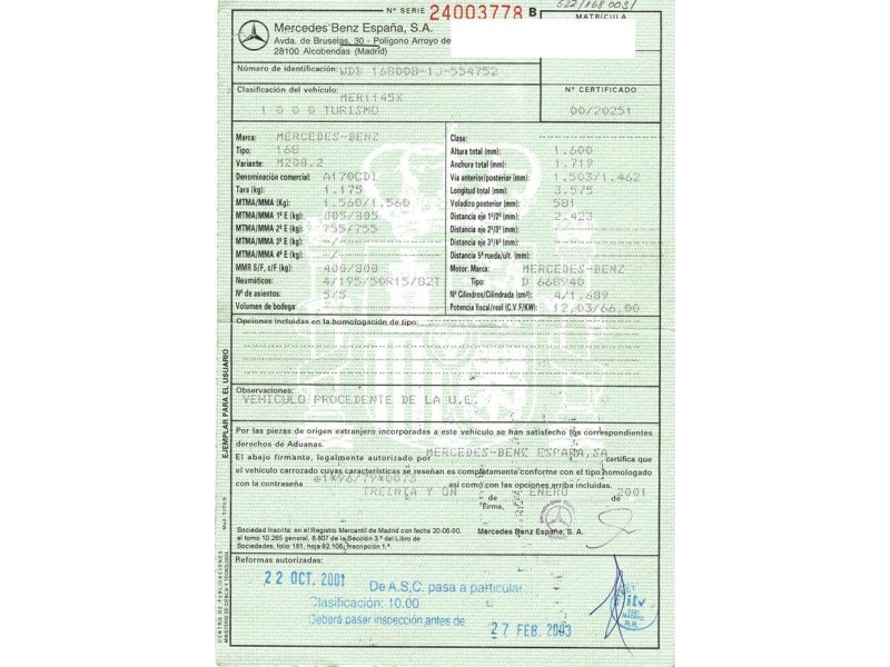m. benz a 170 1.7 td (89,73cv del año 2001