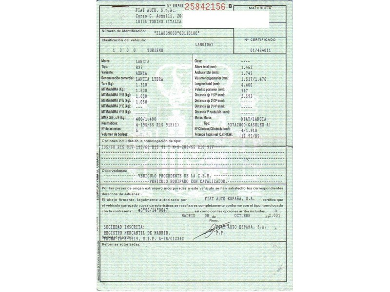 lancia lybra 1.9 jtd (115,57cv del año 2002