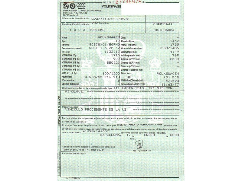 volkswagen golf del año 2003