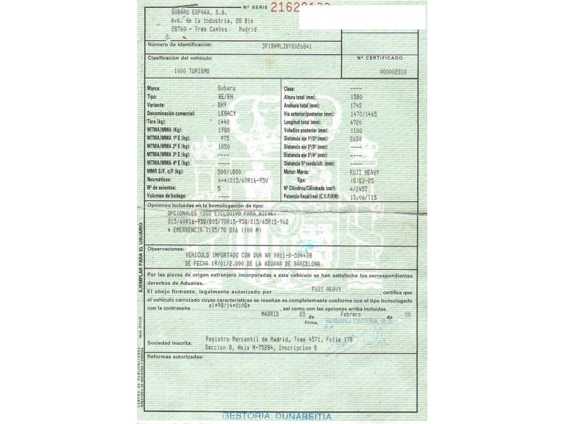 subaru legacy del año 2001