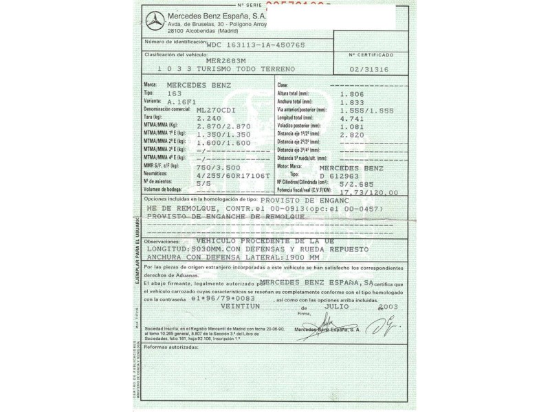 m. benz ml 270 2.7 dci 612963 automatic(163,15cv del año 2003