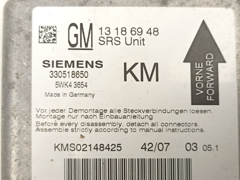 Recambio de centralita airbag para opel vectra 1.9 td -z19dt referencia OEM IAM 13186948 5WK43654 