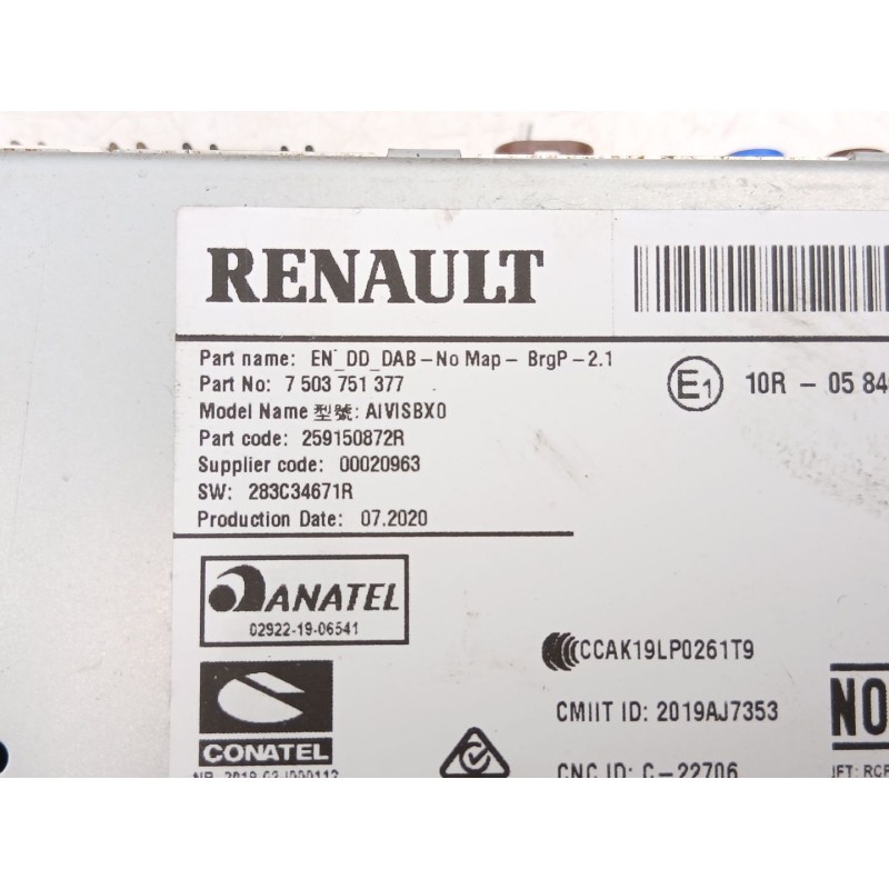 Recambio de radio cd/mp3 para renault captur ii (hf_) tce 130 (hfmf) referencia OEM IAM 280346419R 2591A6575R 283C34671R