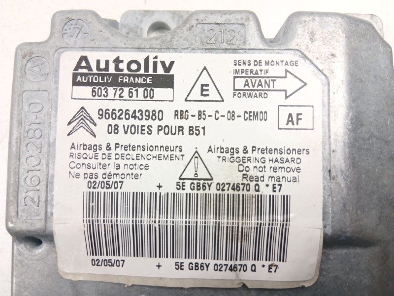 Recambio de centralita airbag para citroën c4 1.6 dhy -9hx referencia OEM IAM 9662643980  603726100