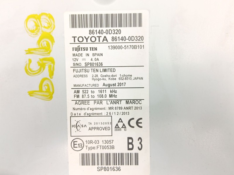 Recambio de radio cd/mp3 para toyota yaris (_p13_) 1.5 hybrid (nhp130_) referencia OEM IAM 861400D320  