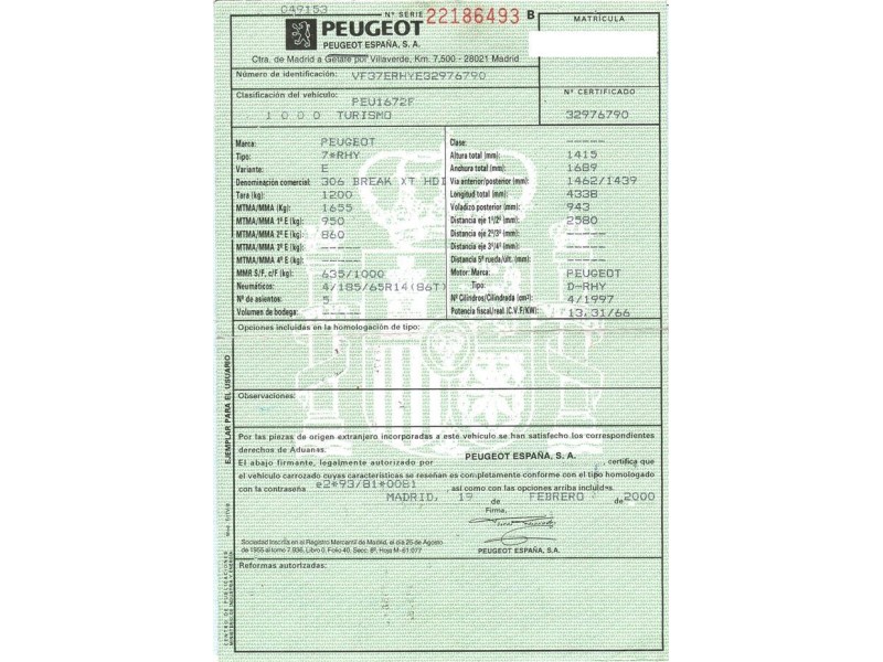 peugeot 306 2.0 hdi (89,73cv ranchera del año 2000