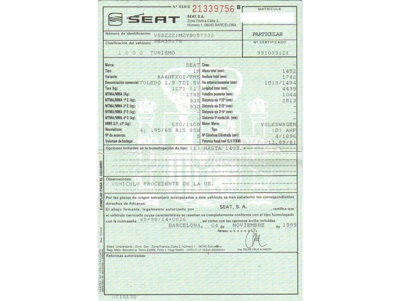 seat toledo del año 1999