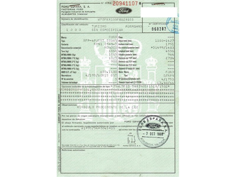 ford mondeo 1.8 td (89,73cv del año 1999