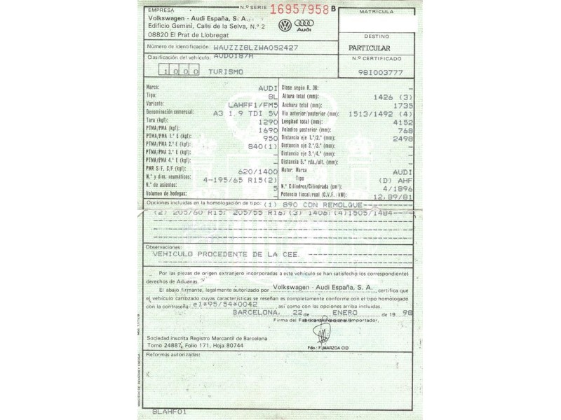 audi a3 del año 1998