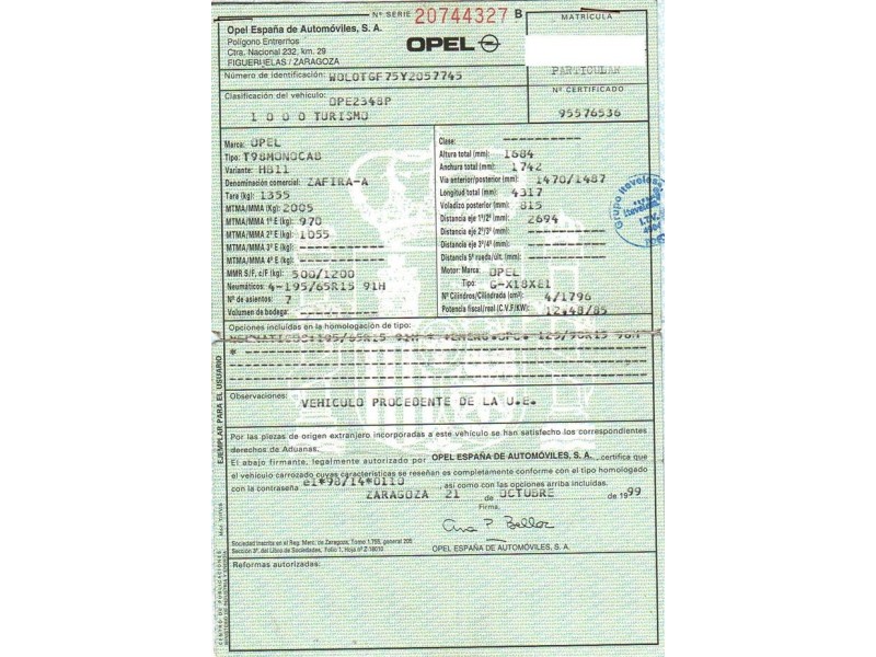 opel zafira del año 1999