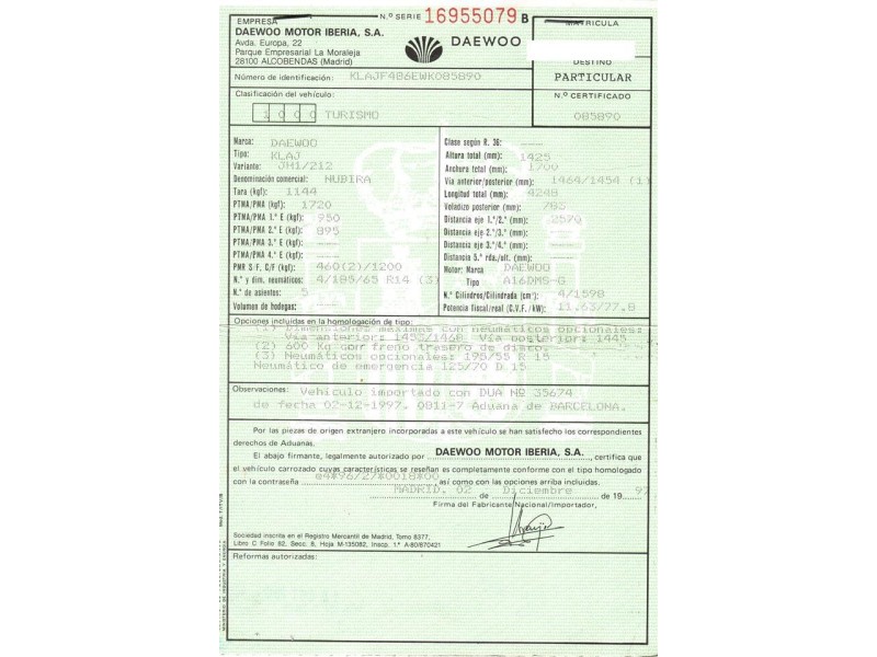 daewoo nubira 1.6 g (105,78cv del año 1997