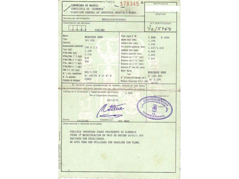 m. benz 190 del año 1992