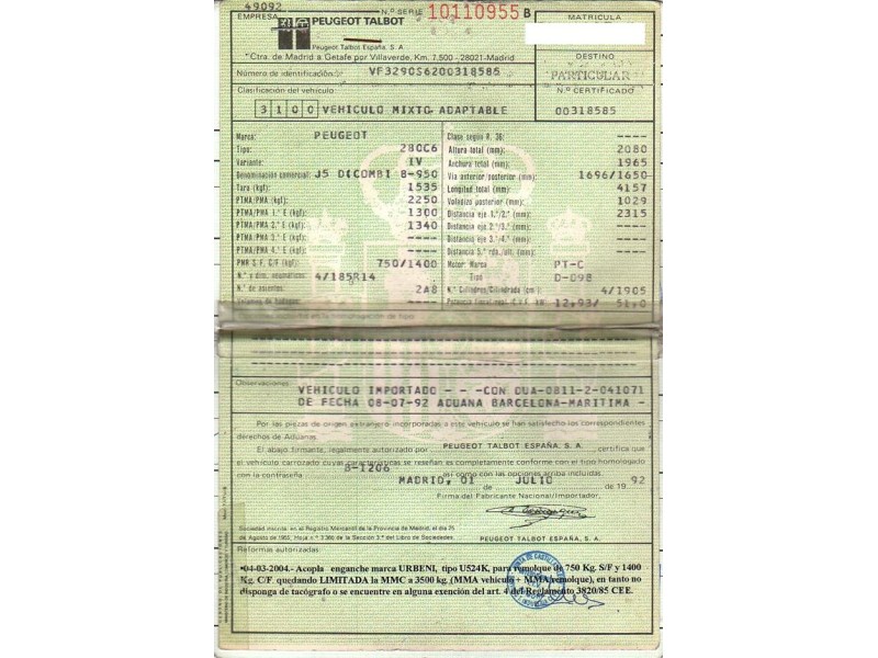 peugeot j5 1.9 d (69,34cv del año 1992