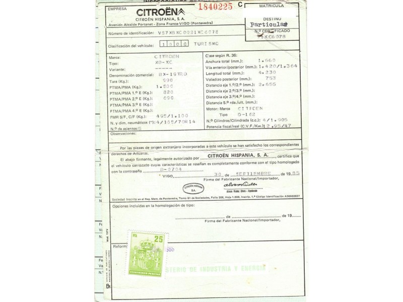 citroen bx 1.9 d (63,90cv del año 1986