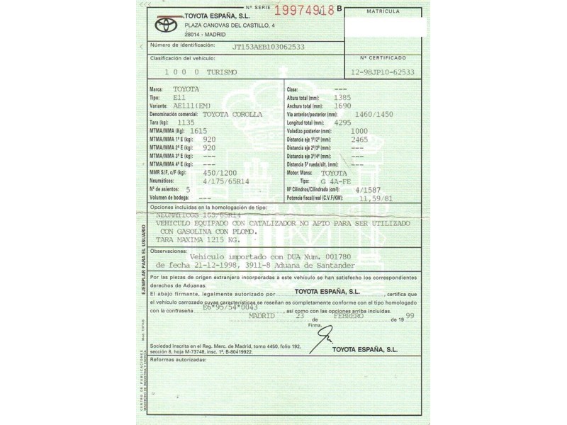 toyota corolla del año 1999