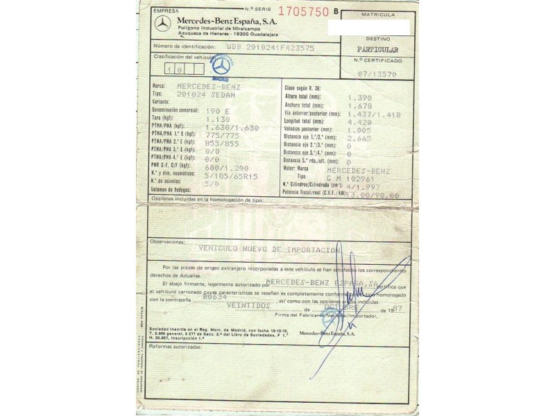 m. benz 190 del año 1988