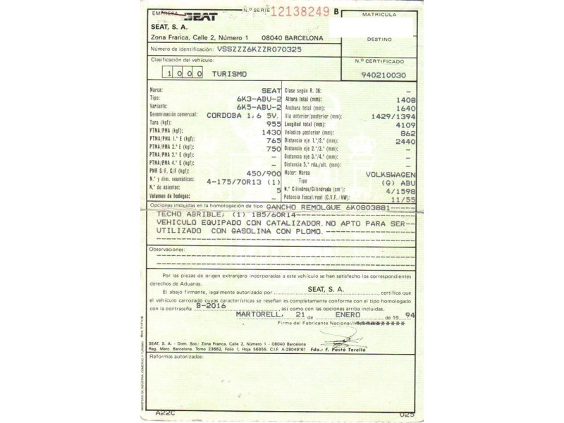 seat cordoba del año 1994