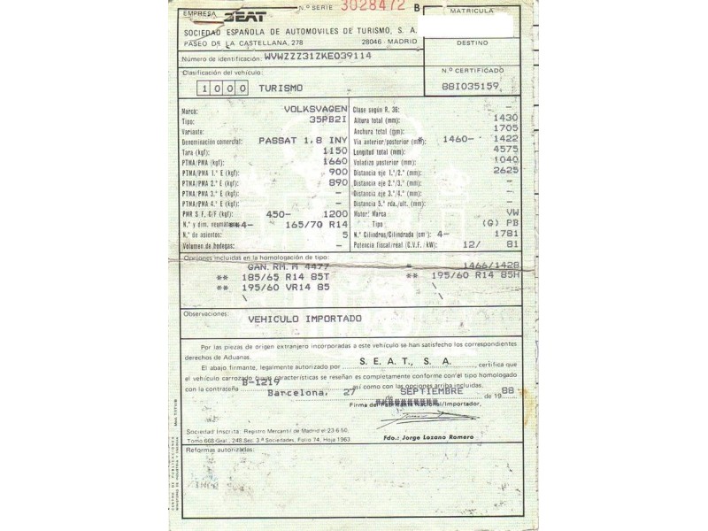 volkswagen passat del año 1988