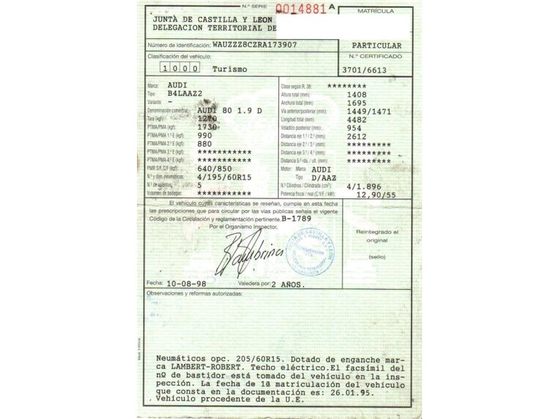 audi  80 1.9 d (74,78cv del año 1998