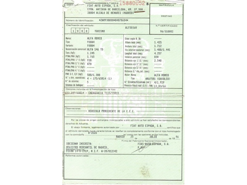 alfa romeo 146 del año 1996