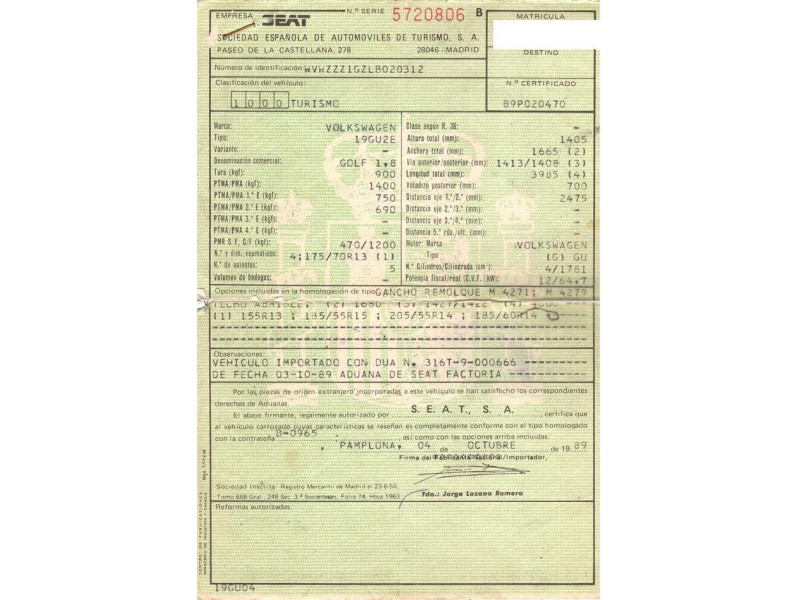 volkswagen golf del año 1989