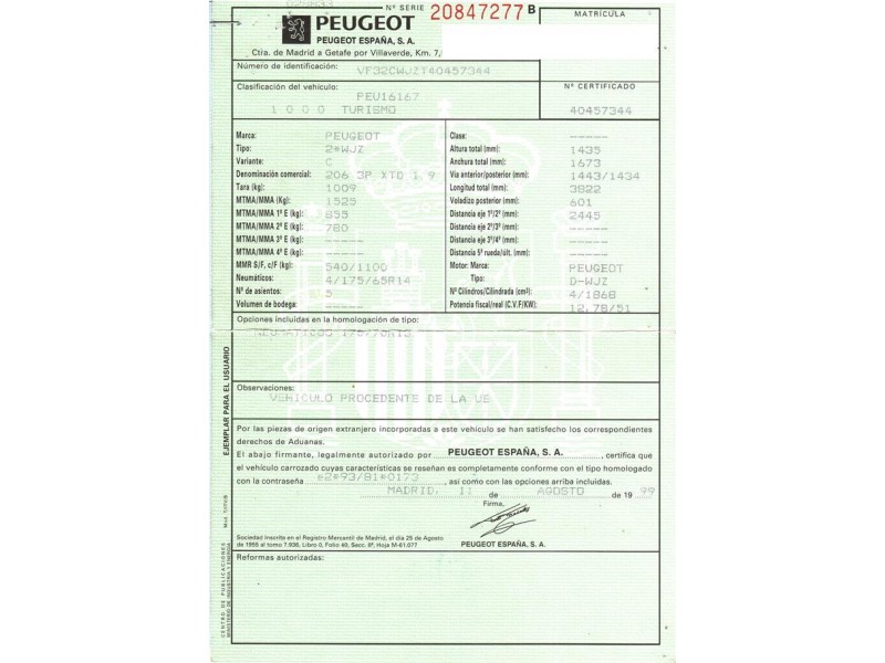 peugeot 206 del año 1999