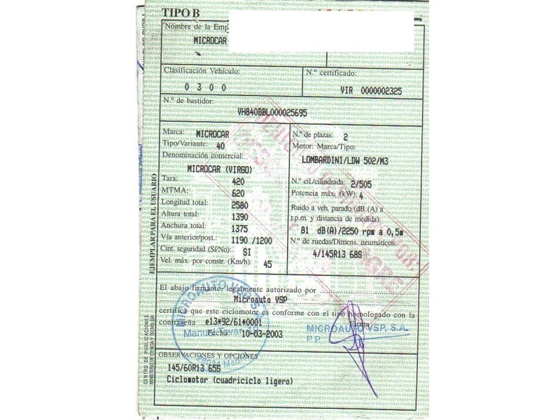 microcar virgo 500 lombardini/ldw 502 m3 del año 2003