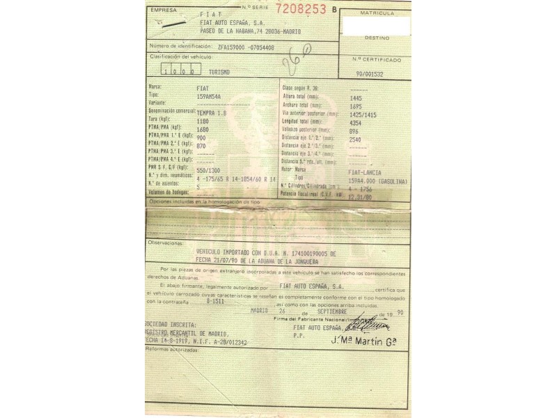 fiat tempra 1.8 g -159a4.000 (108,77cv del año 1991