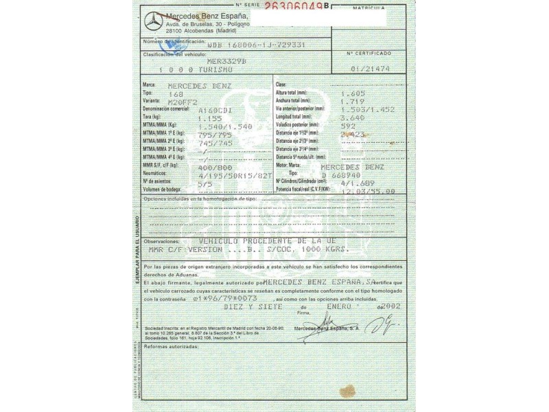 m. benz a 160 del año 2002