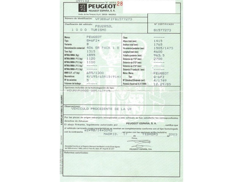 peugeot 406 del año 2003